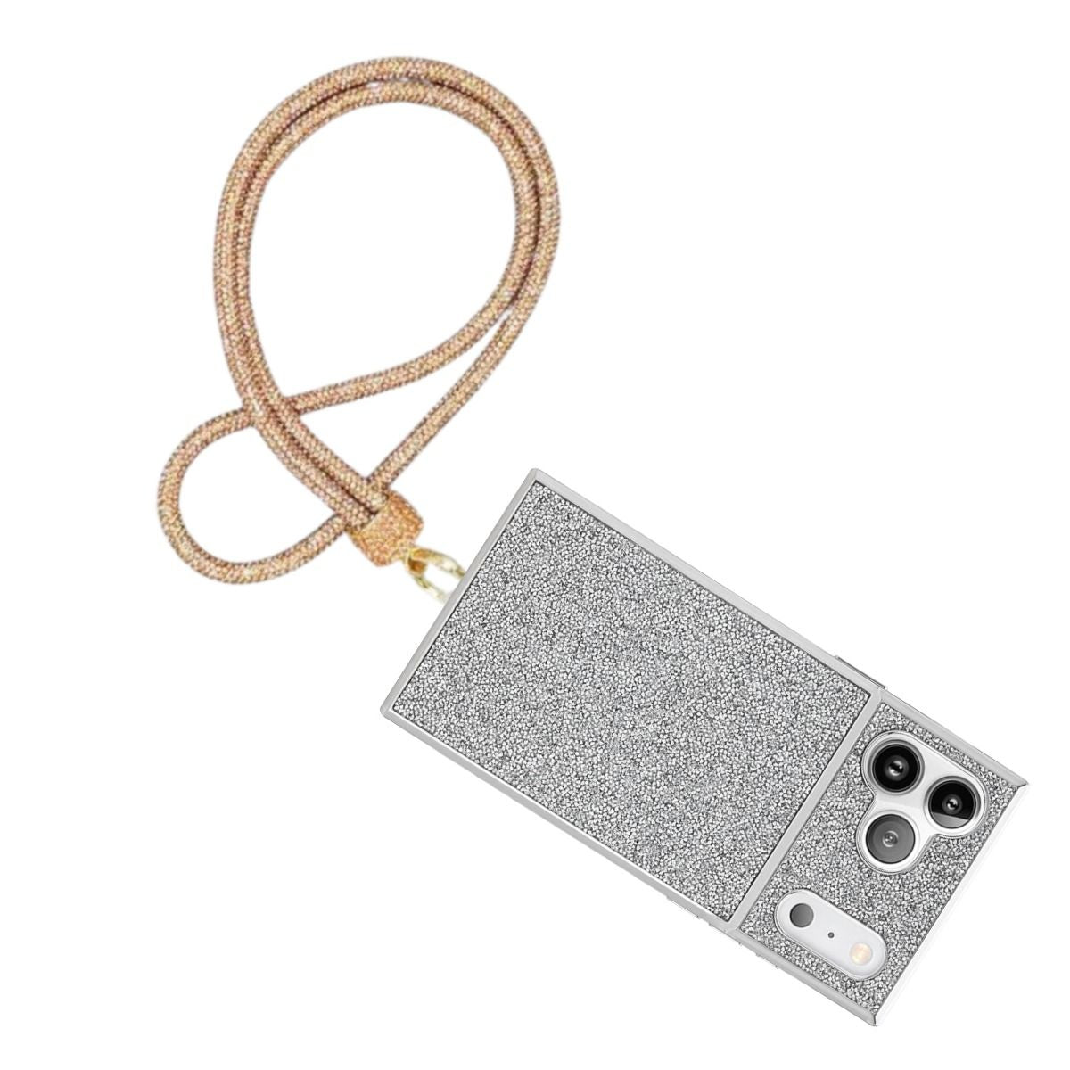 Topaz gold rhinestone rope phone lanyard attached diagonally to full-coverage silver rhinestone iPhone case with gold push clasp and pearl accent, displayed on white background