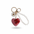 Pink Stone Encrusted Heart Pearl Keychain Clip