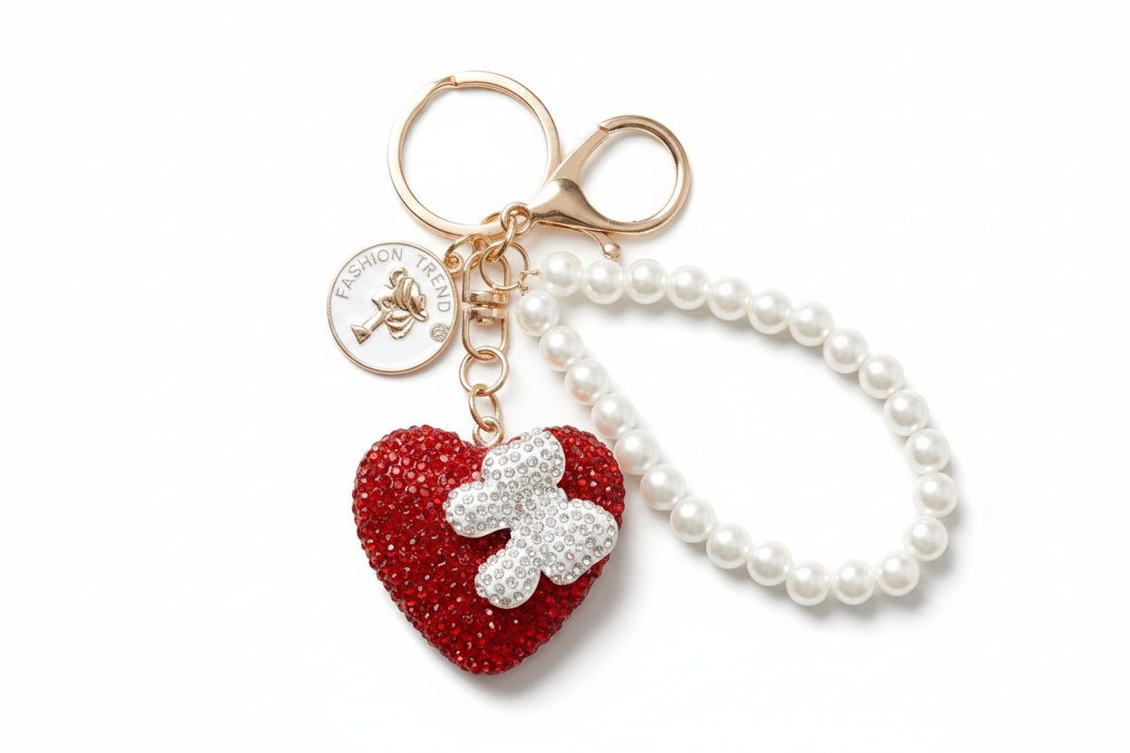 Red Stone Encrusted Heart Pearl Keychain Clip