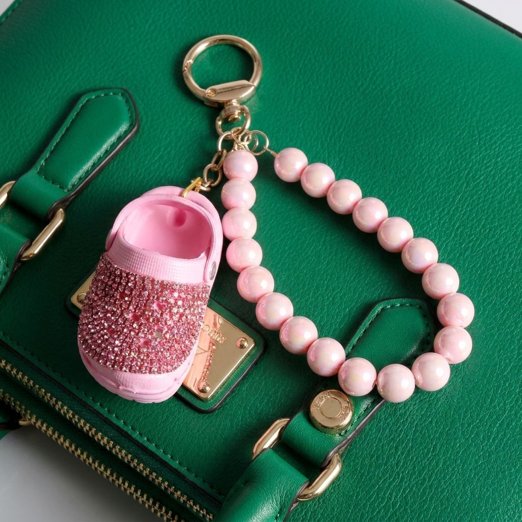 Pink Stone Encrusted Croc Pearl Keychain Clip