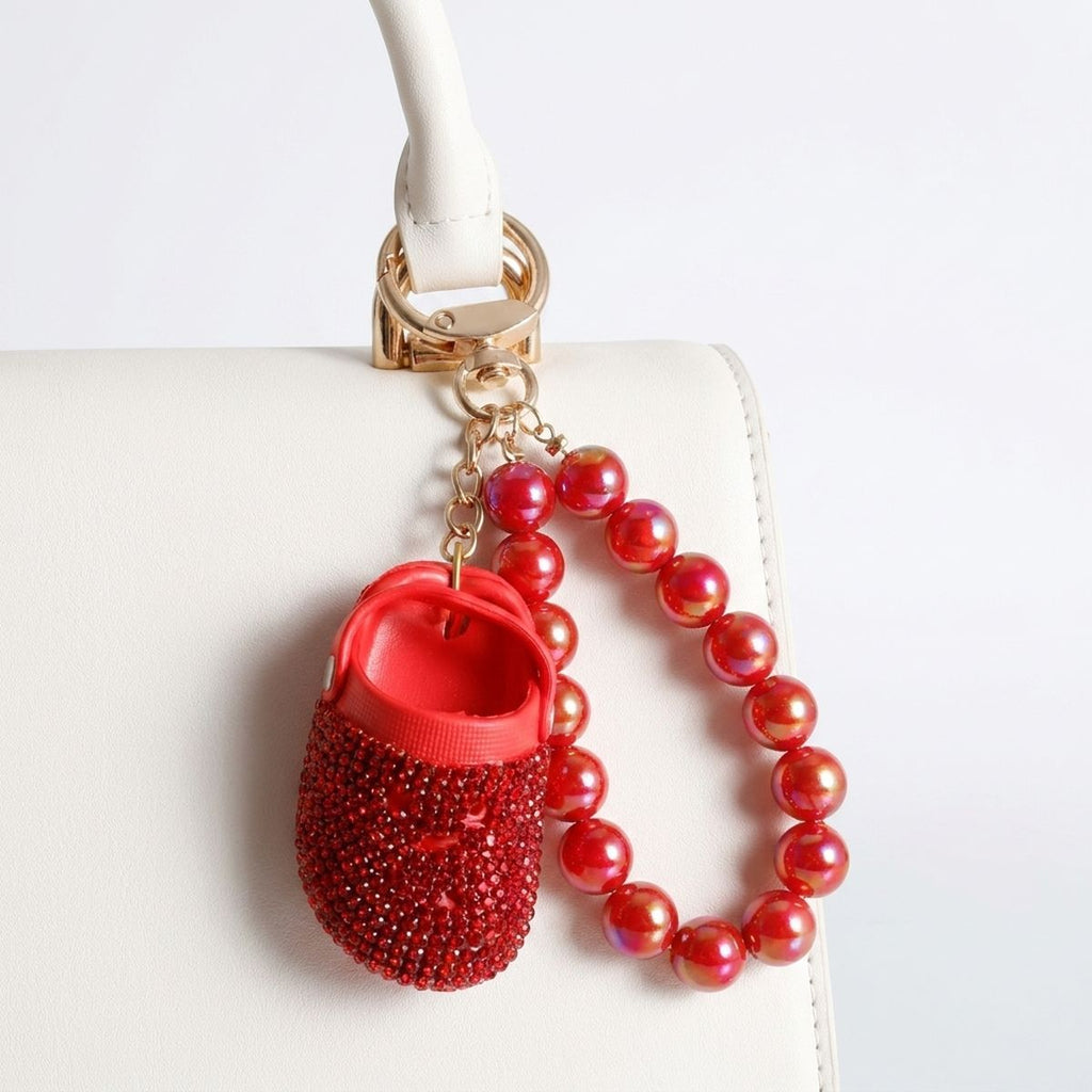 Red Stone Encrusted Croc Pearl Keychain Clip