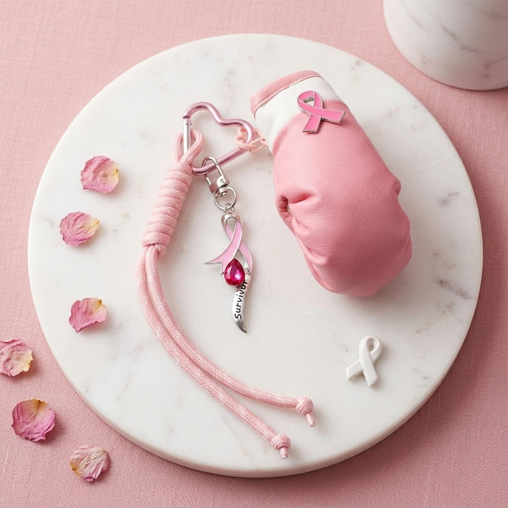 Pink boxing glove bag charm with awareness ribbon, heart-shaped clip, survivor charm, fuchsia crystal, and long pink cord on marble tray