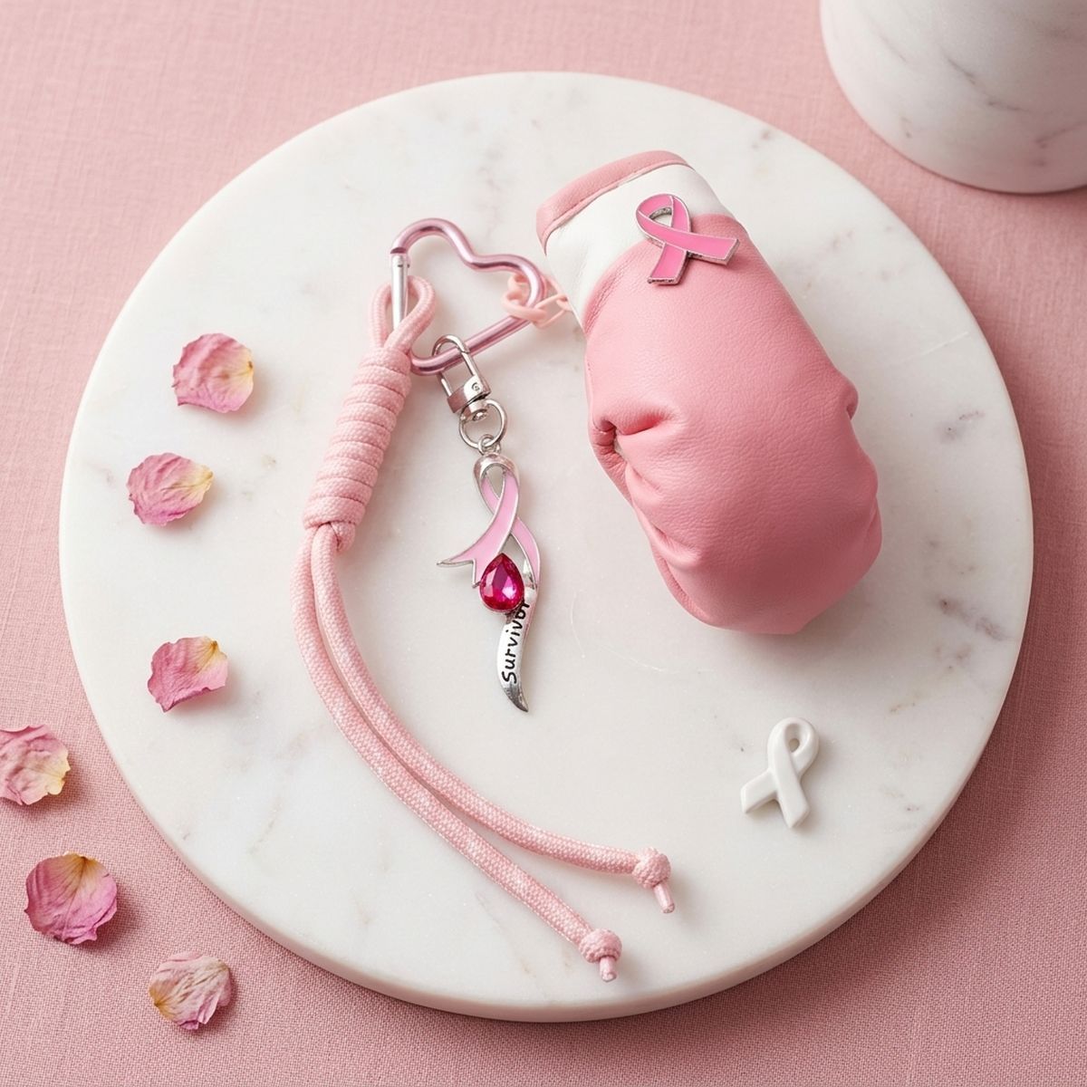 Pink boxing glove bag charm with awareness ribbon, heart-shaped clip, survivor charm, fuchsia crystal, and long pink cord on marble tray