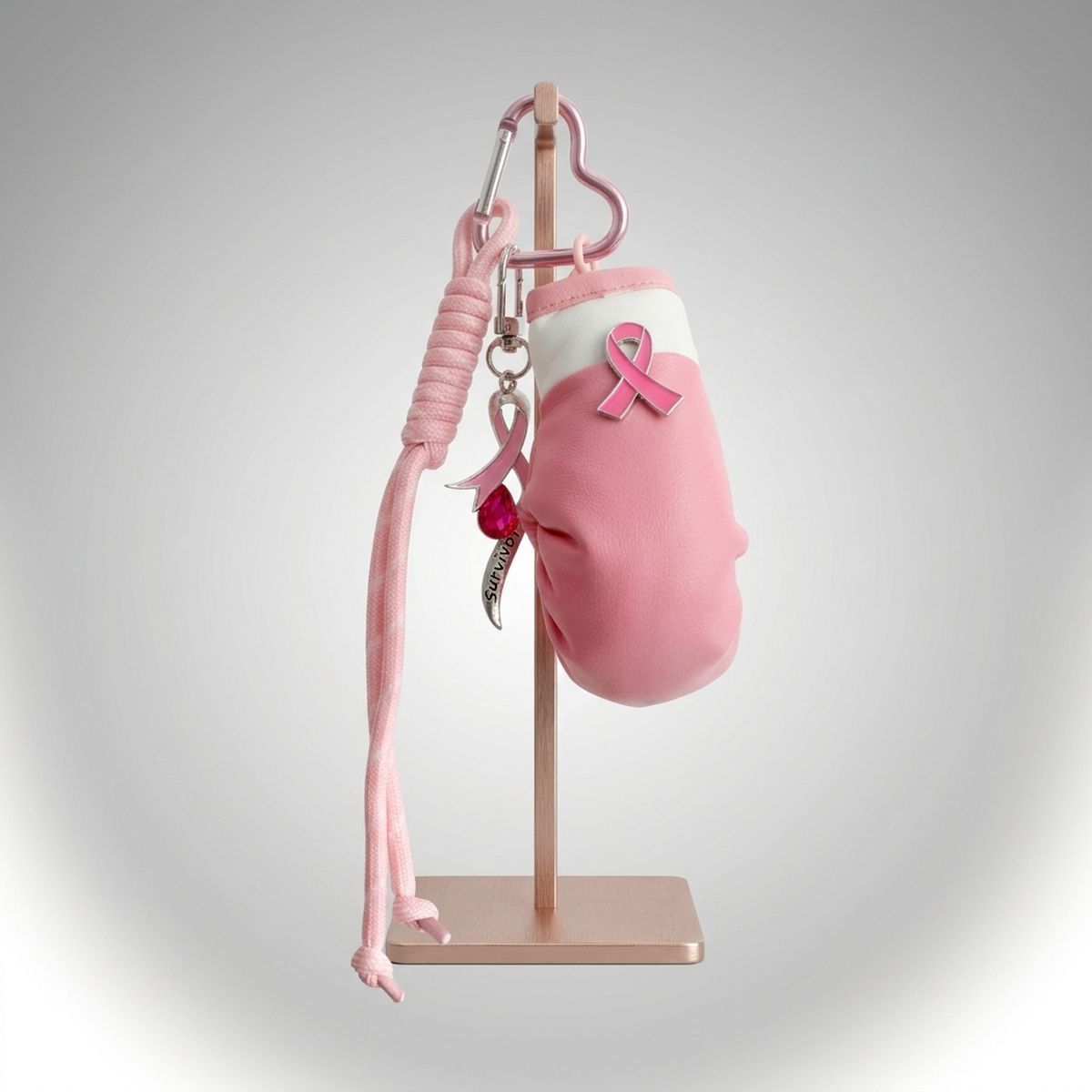 Full product view of pink boxing glove keychain with breast cancer ribbon, silver-tone survivor charm, fuchsia crystal, heart clip, and long cord