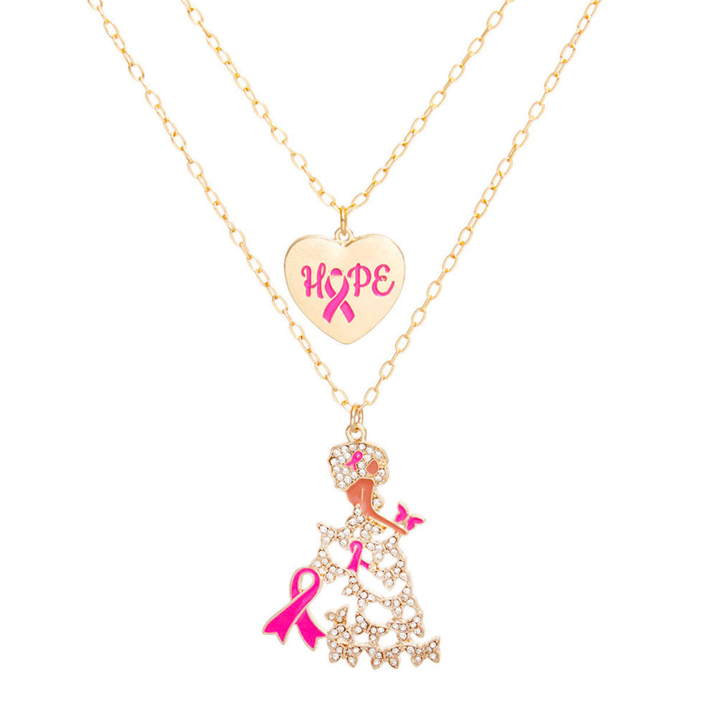 Gold-tone 2-piece necklace set with a heart pendant reading HOPE with a fuchsia pink ribbon and a lady pendant in a rhinestone butterfly gown with a pink enamel ribbon and butterfly