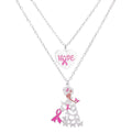 Silver-tone 2-piece layered necklace set with a heart pendant reading HOPE with a pink ribbon O and a lady pendant in a rhinestone butterfly gown with pink enamel ribbon and butterfly