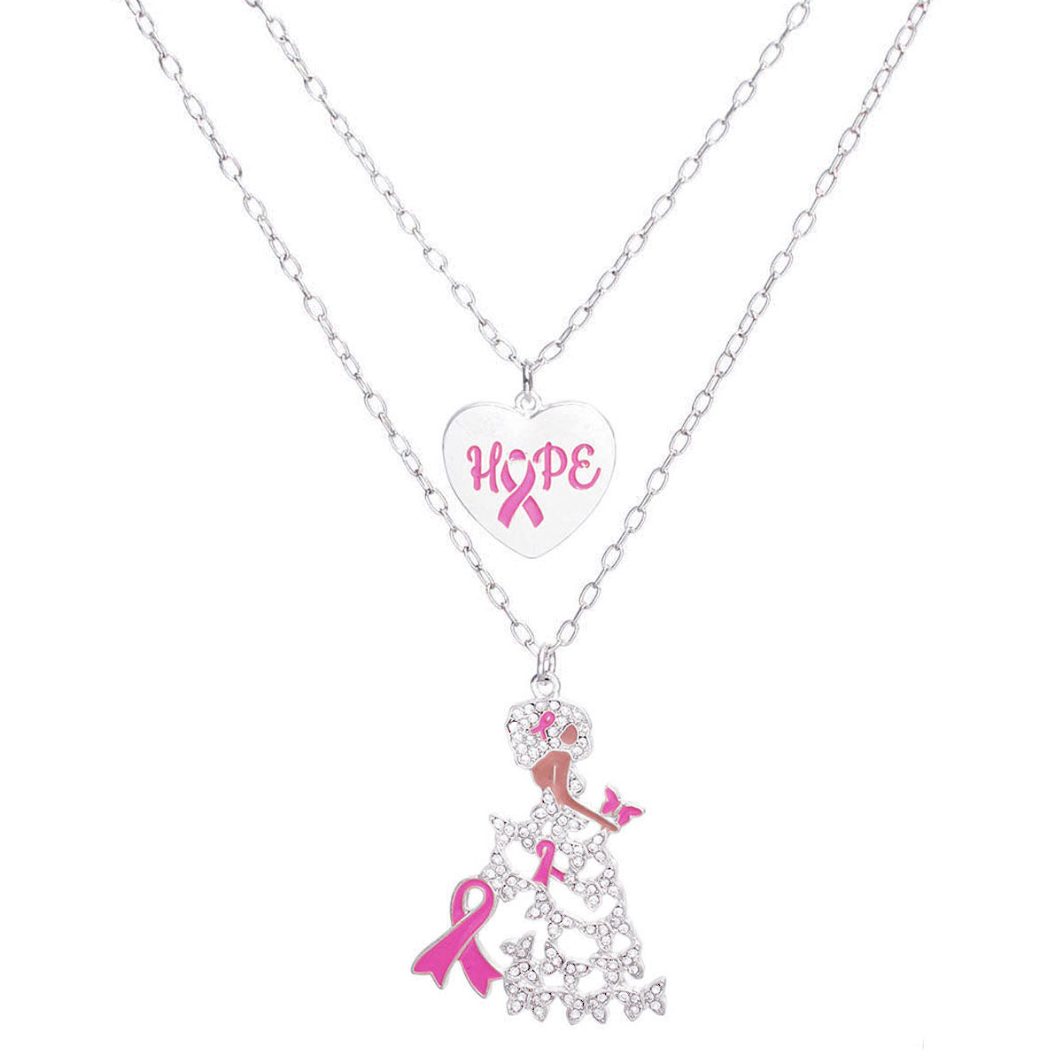 Silver-tone 2-piece layered necklace set with a heart pendant reading HOPE with a pink ribbon O and a lady pendant in a rhinestone butterfly gown with pink enamel ribbon and butterfly