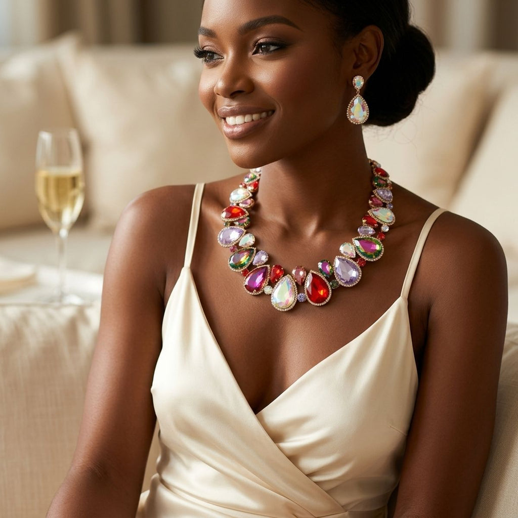 Women's light multicolor glass teardrop crystal collar necklace and stud earring set in gold tone, worn by model in ivory satin gown at formal event