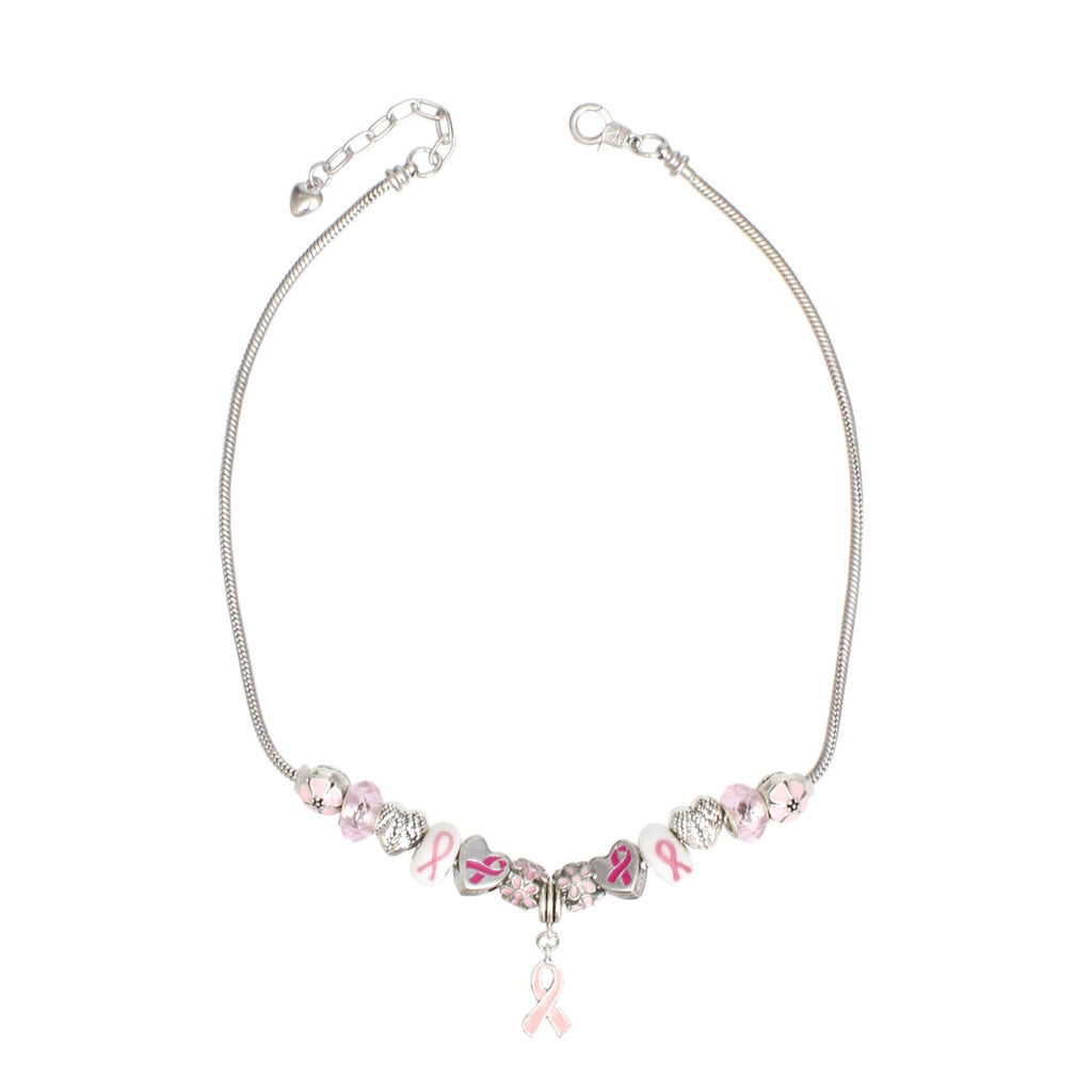 Breast cancer awareness silver snake chain necklace with pink ribbon heart, angel wing, flower and faceted pink glass slide beads and a light pink ribbon charm