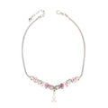Breast cancer awareness silver snake chain necklace with pink ribbon heart, angel wing, flower and faceted pink glass slide beads and a light pink ribbon charm