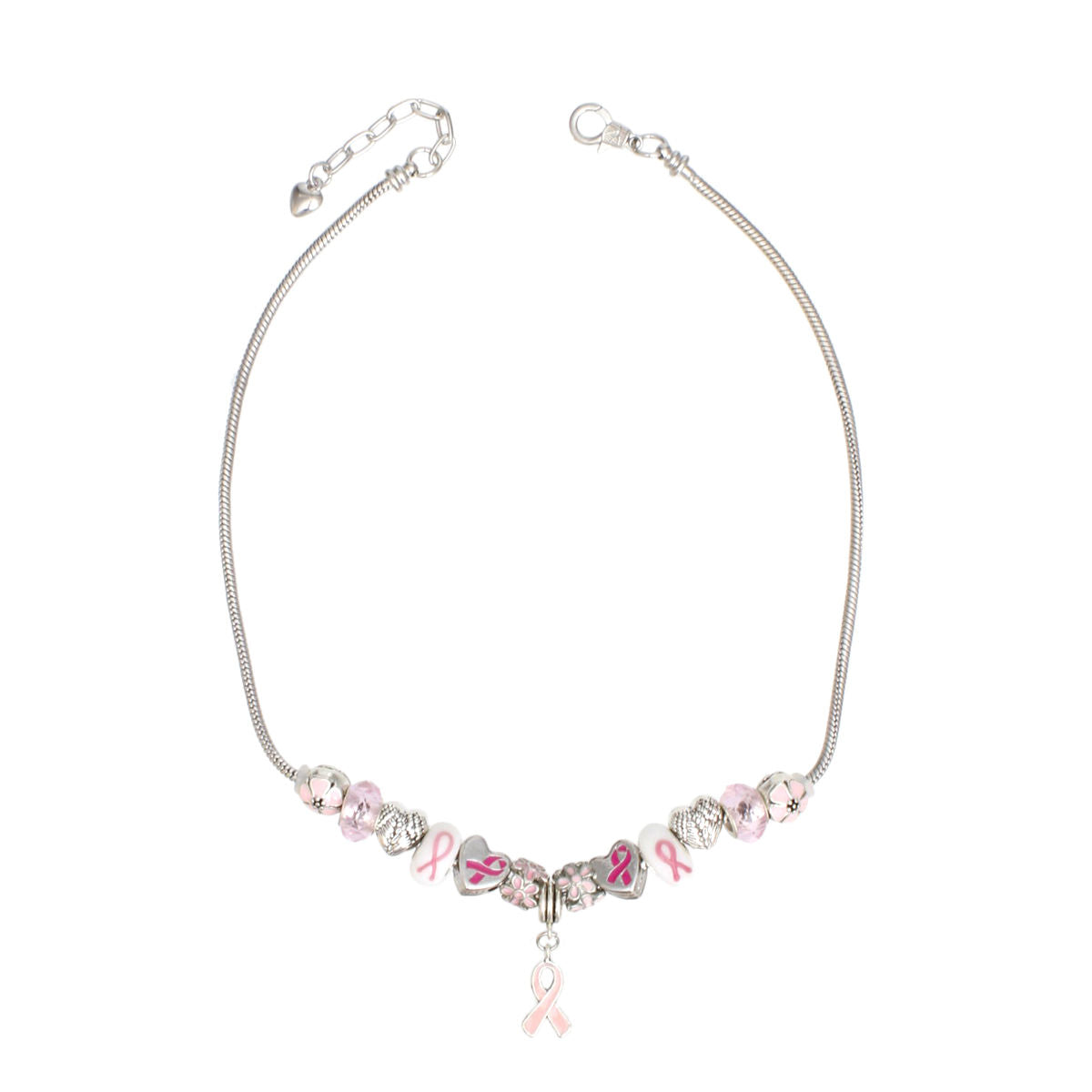 Breast cancer awareness silver snake chain necklace with pink ribbon heart, angel wing, flower and faceted pink glass slide beads and a light pink ribbon charm