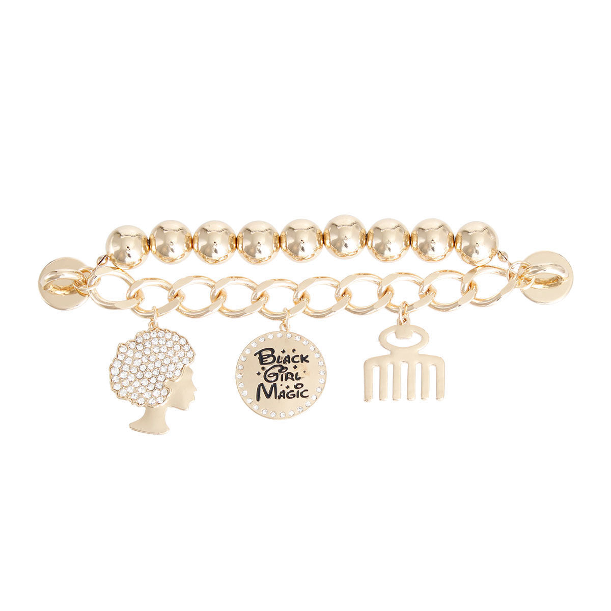 Gold Black Girl Magic phone wrist strap laid flat on white background, showing gold metal ball bead strand and gold curb chain with three charms: rhinestone afro woman silhouette, round engraved Black Girl Magic disc with rhinestone border, and ivory afro pick comb charm