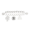 Silver Black Girl Magic phone wrist strap attached to pink iPhone case, featuring polished silver metal ball beads on silver curb chain, rhinestone afro woman silhouette charm, round Black Girl Magic engraved disc charm with rhinestone border, and silver afro pick comb charm