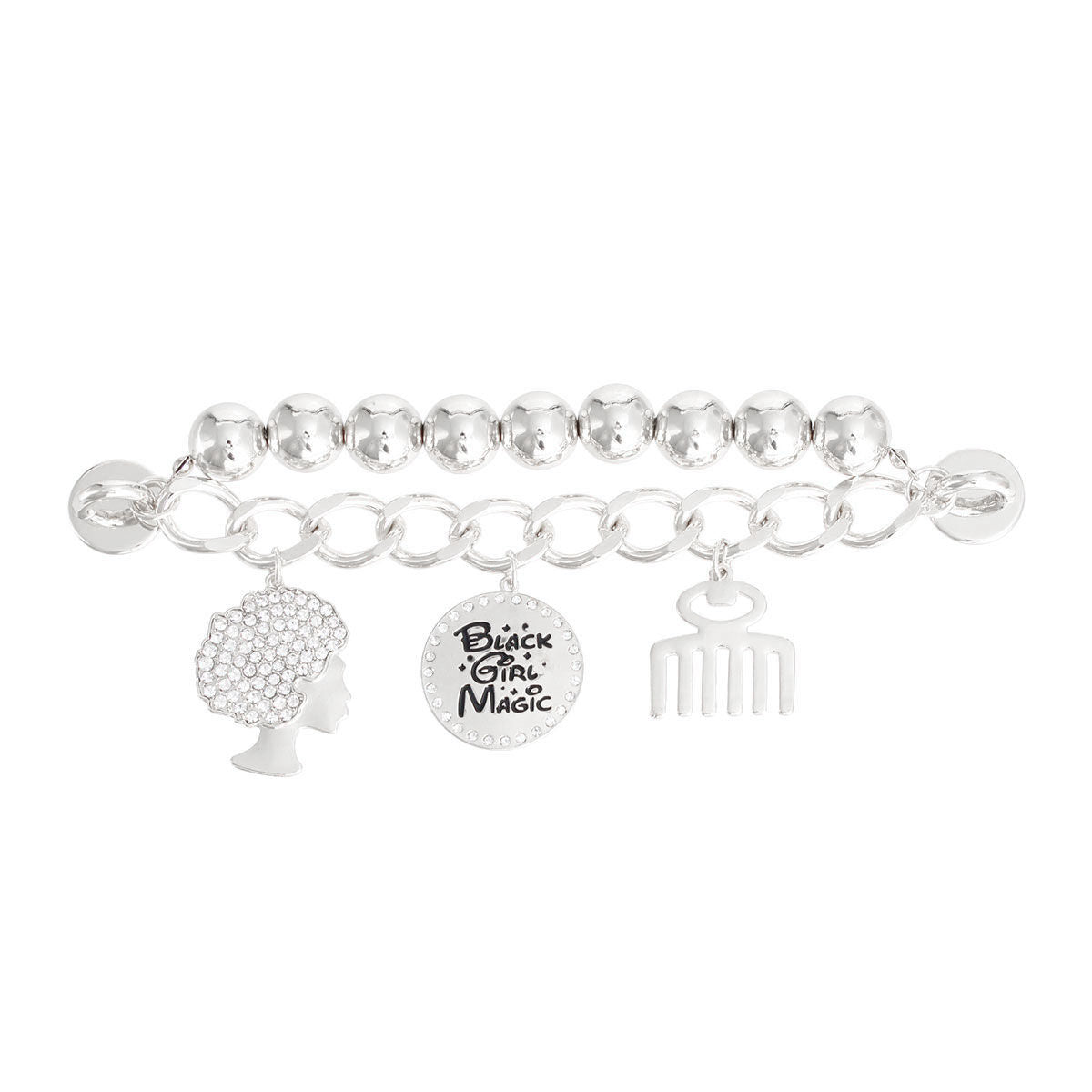 Silver Black Girl Magic phone wrist strap attached to pink iPhone case, featuring polished silver metal ball beads on silver curb chain, rhinestone afro woman silhouette charm, round Black Girl Magic engraved disc charm with rhinestone border, and silver afro pick comb charm
