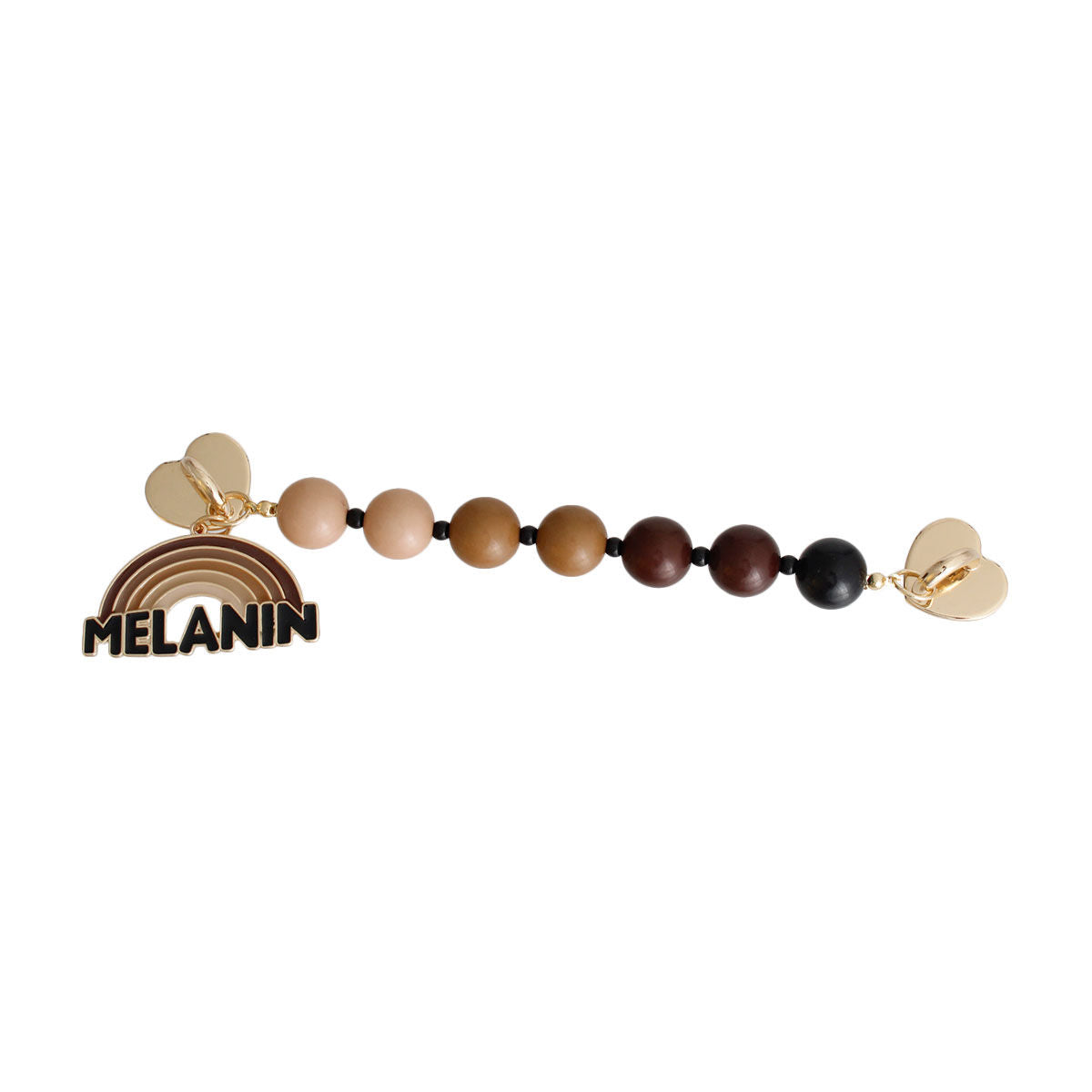 Brown Melanin phone wrist strap laid flat on white background, showing gradient tan-to-black round acrylic beads, small black spacer beads, gold heart clasp hardware on both ends, and brown enamel rainbow charm with black MELANIN text