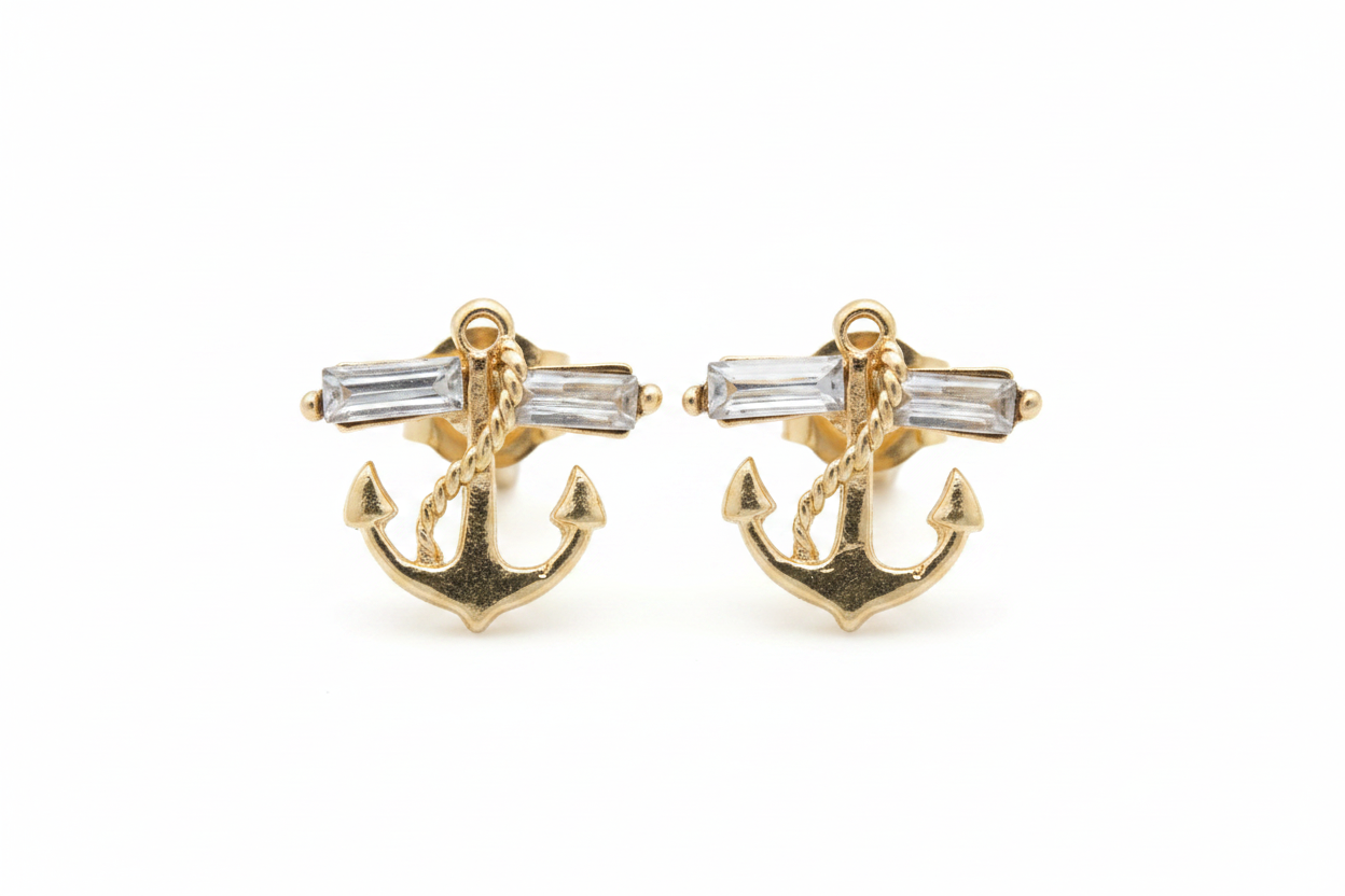 Gold Anchor Crystal Earrings