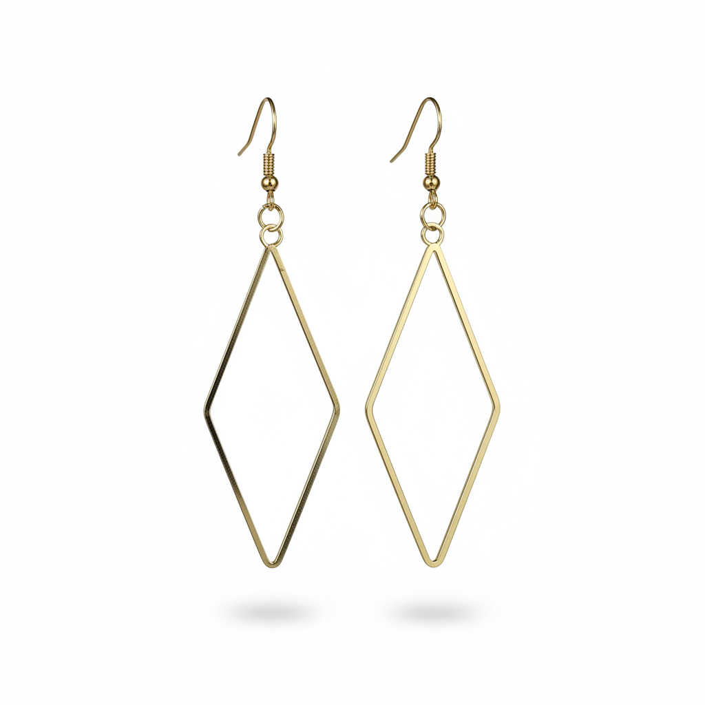 Two gold open diamond rhombus drop earrings displayed at an angle on white background, showing slim flat gold wire construction, gold jump ring, and fish hook ear wire with coiled detail