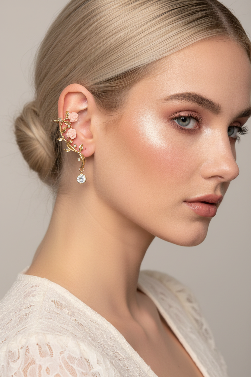Female model with blonde updo wearing gold floral vine ear cuff with pink rose cabochons and dangling crystal drop on left ear, cream lace top, soft neutral background