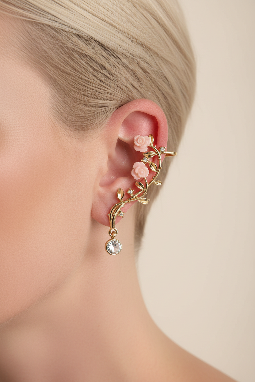 Gold floral vine ear cuff with blush pink rose cabochons, gold leaf vine, crystal rhinestone accents, and dangling clear rhinestone drop worn on left ear, neutral background