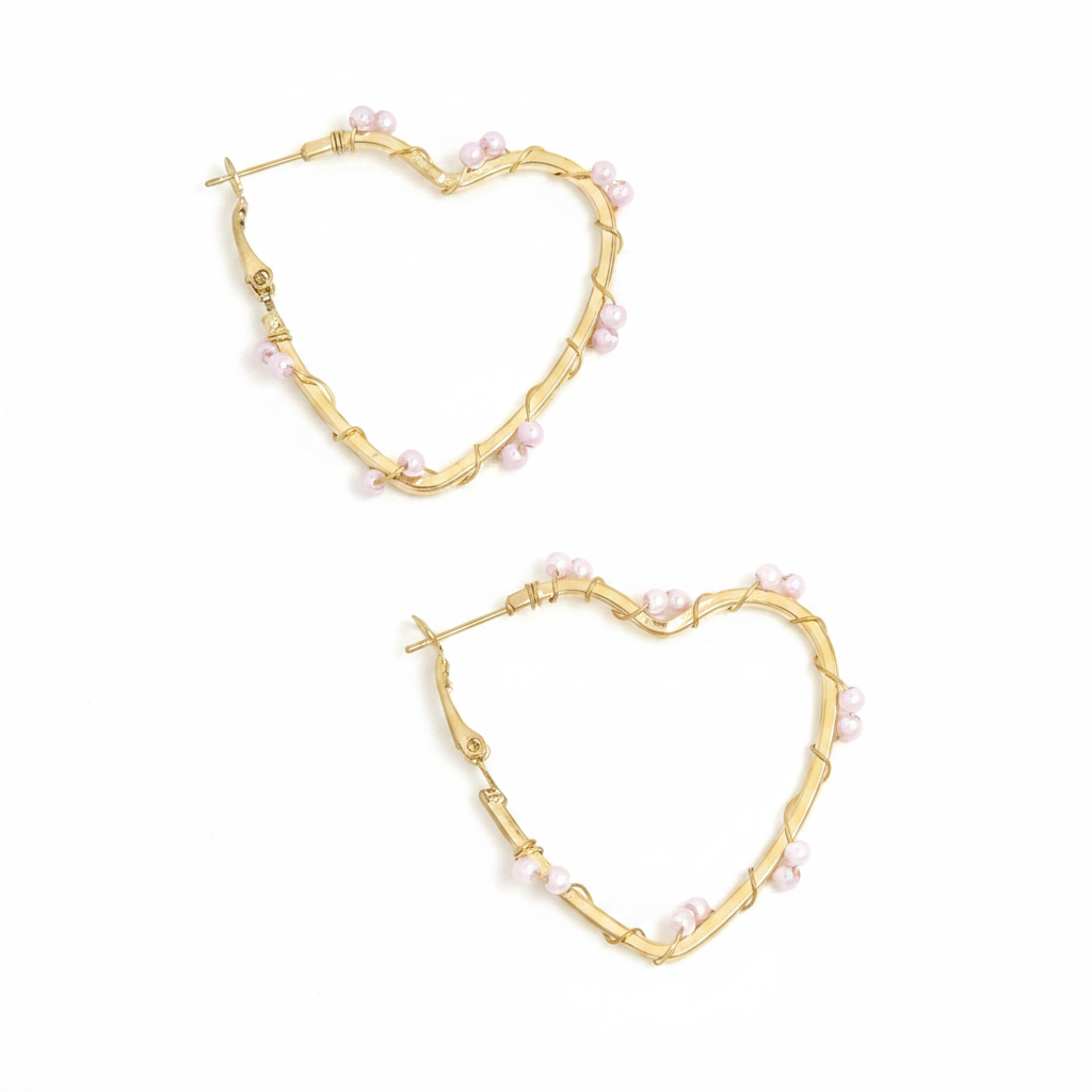 Gold Heart Pearl Hoops - Pure White Background