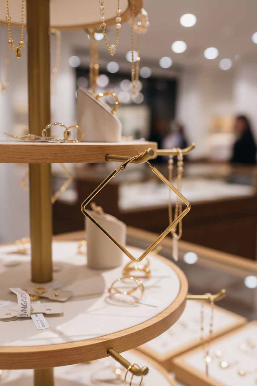 Gold jewelry display stand in a boutique, holding necklaces and rings on white and light wood tiers, with a softly blurred store interior in the background.