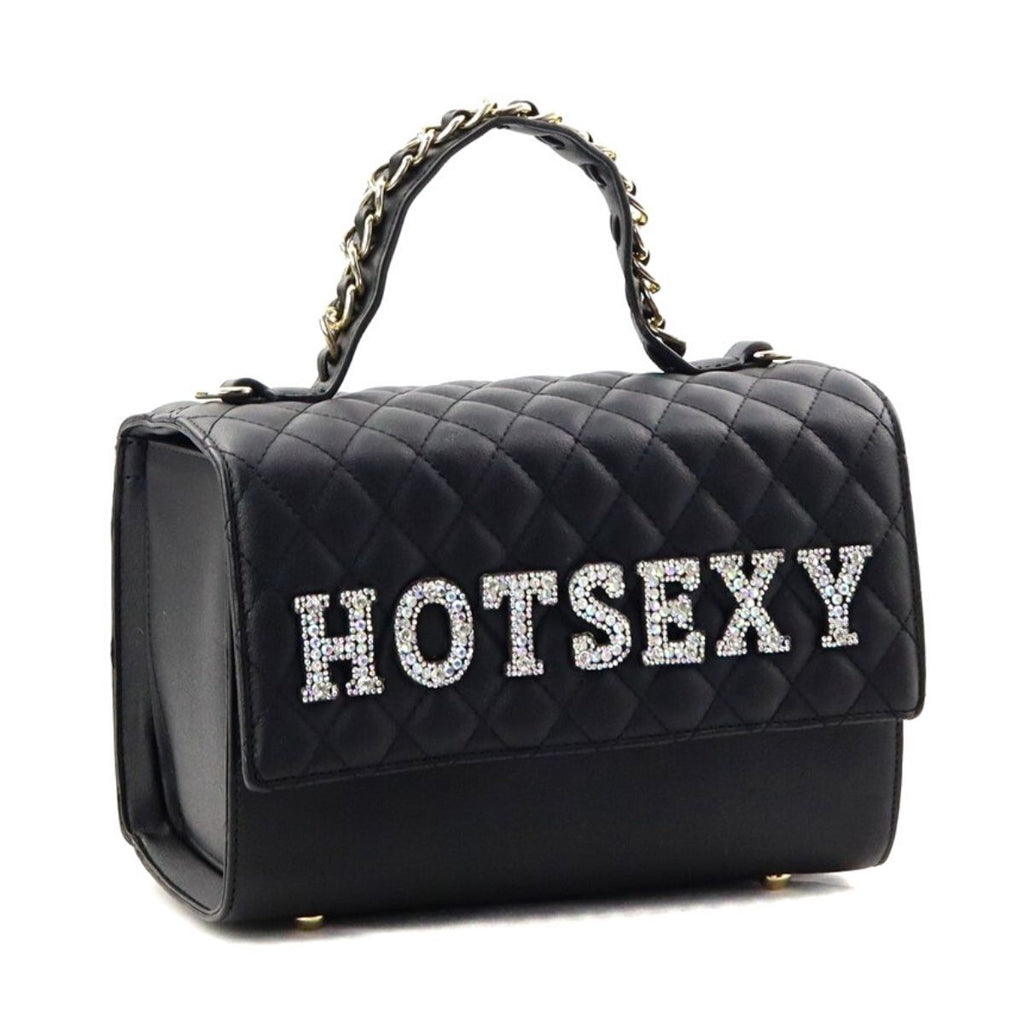 Black structured satchel with a diamond-quilted flap, rhinestone HOTSEXY lettering, smooth lower panel, and gold-chain-accented top handle on a white background