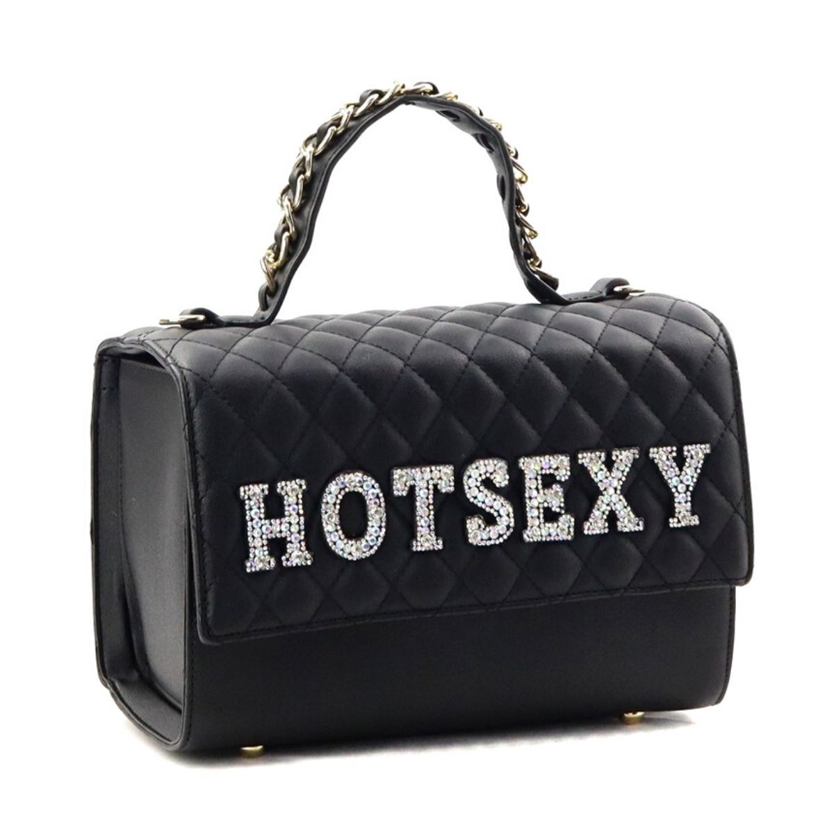 Black structured satchel with a diamond-quilted flap, rhinestone HOTSEXY lettering, smooth lower panel, and gold-chain-accented top handle on a white background