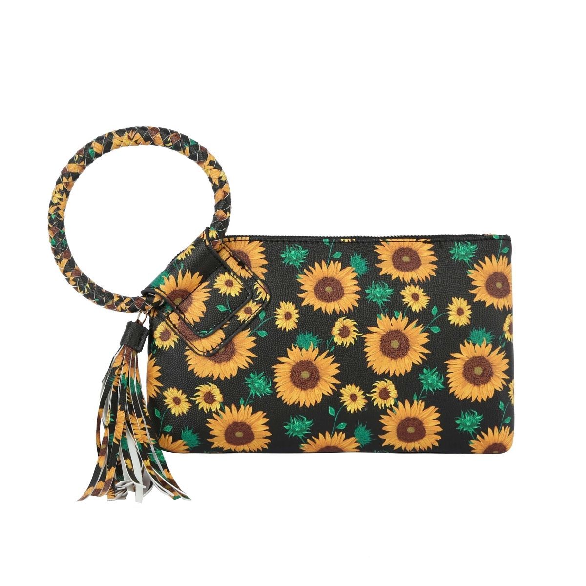 Black faux leather sunflower wristlet clutch with yellow flowers, brown centers, green foliage, wrapped circular bangle handle, and long printed tassel angled left on a white background