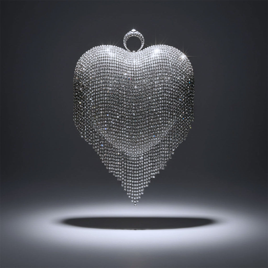 Clutch Silver Rhinestone Fringe Heart Hardcase Bag