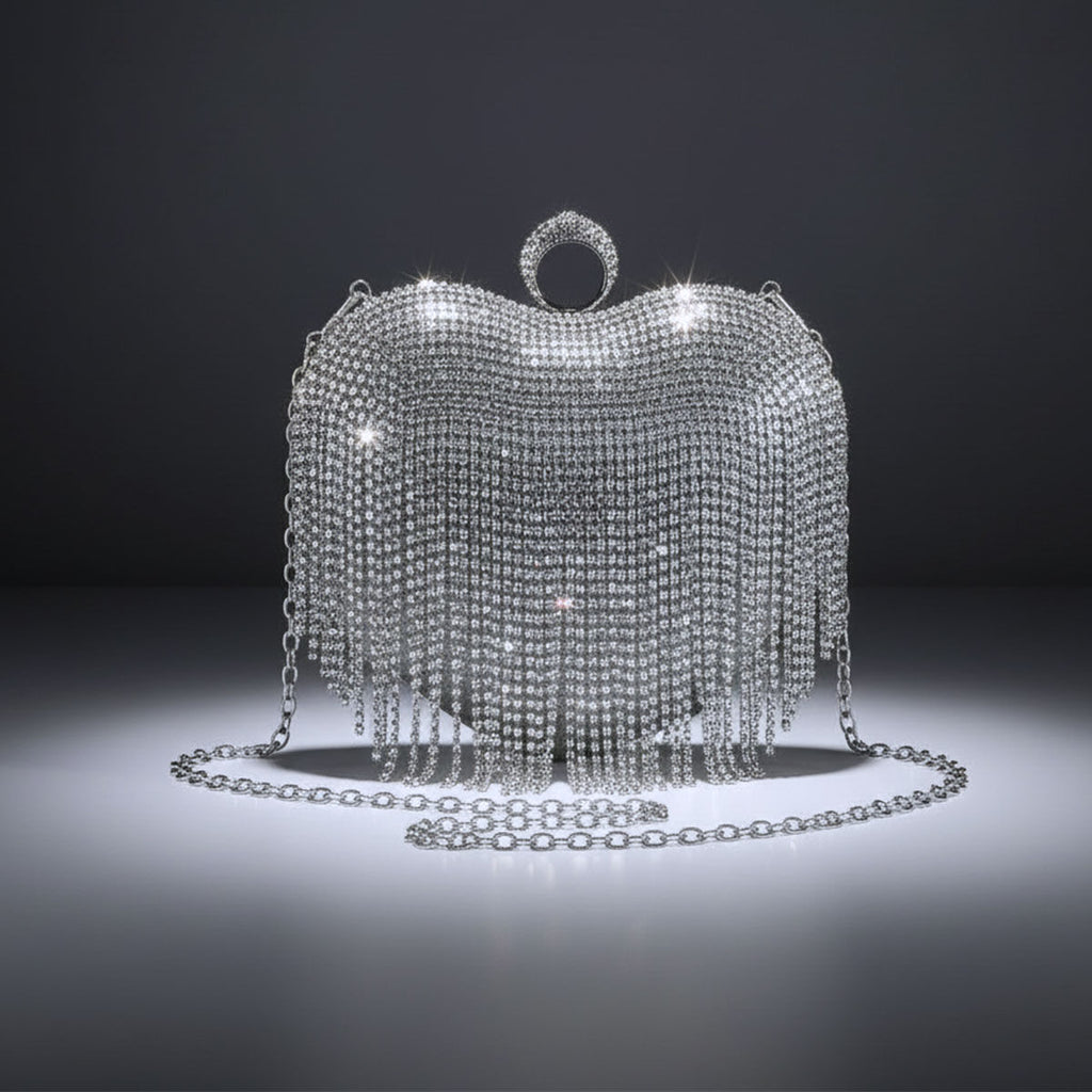 Clutch Silver Rhinestone Fringe Heart Hardcase Bag