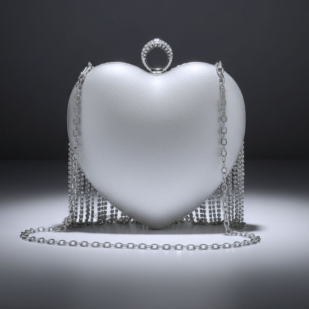 Clutch Silver Rhinestone Fringe Heart Hardcase Bag