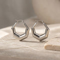 Hoop Silver Stainless Steel Hexagon Earrings