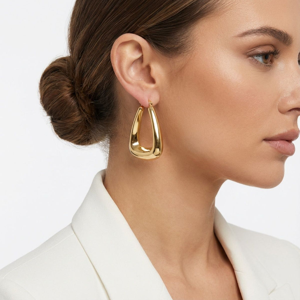 Hoop 18K Gold Steel Trapezoid Thick Earrings