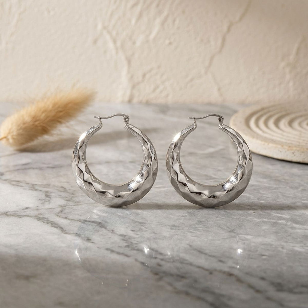Hoop Silver Stainless Steel Diamond Cut Earrings