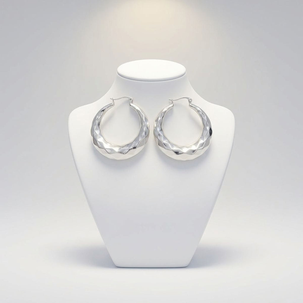 Hoop Silver Stainless Steel Diamond Cut Earrings