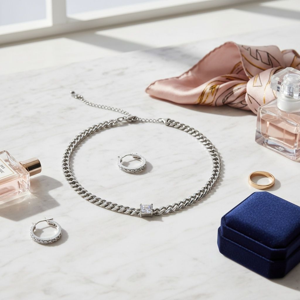 Lifestyle flat lay of an 8mm stainless steel Cuban curb chain necklace in silver arranged in a circle on a white marble surface. A single princess cut square CZ stone is bezel-set at the center bottom. Two small silver pave hoop earrings and a gold band ring are displayed nearby. A pink satin scarf, two pink glass perfume bottles, and a navy blue velvet jewelry box are arranged around the necklace.