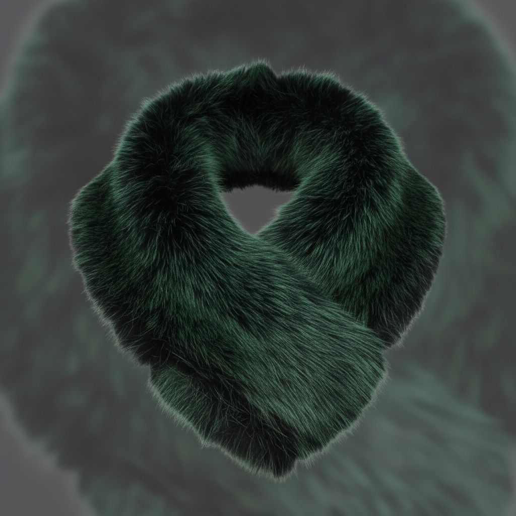 Emerald green faux fur collar scarf arranged in a loop with crossed rounded ends on a dark background, showing its plush fibers and dark shading