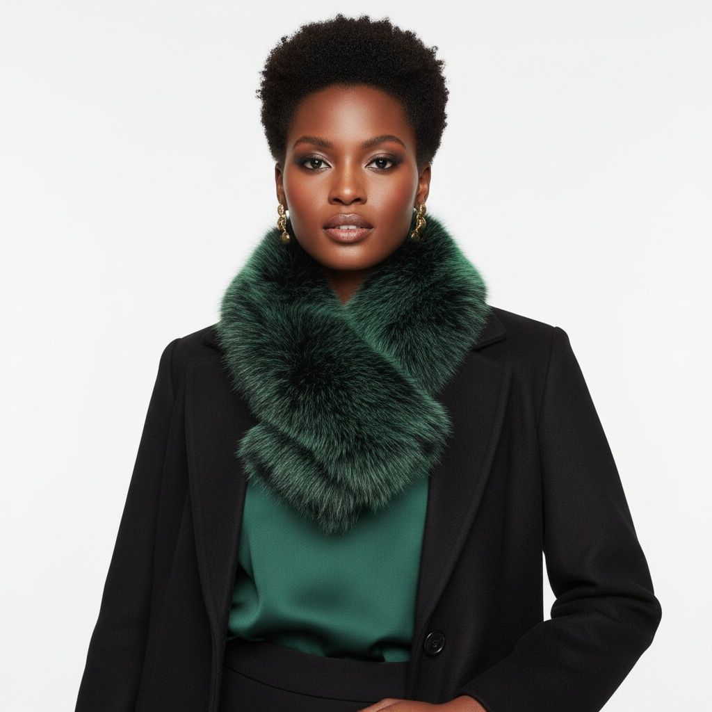 Model wearing an emerald green faux fur collar scarf with a black blazer and green blouse, showing the overlapping ends against a pale background