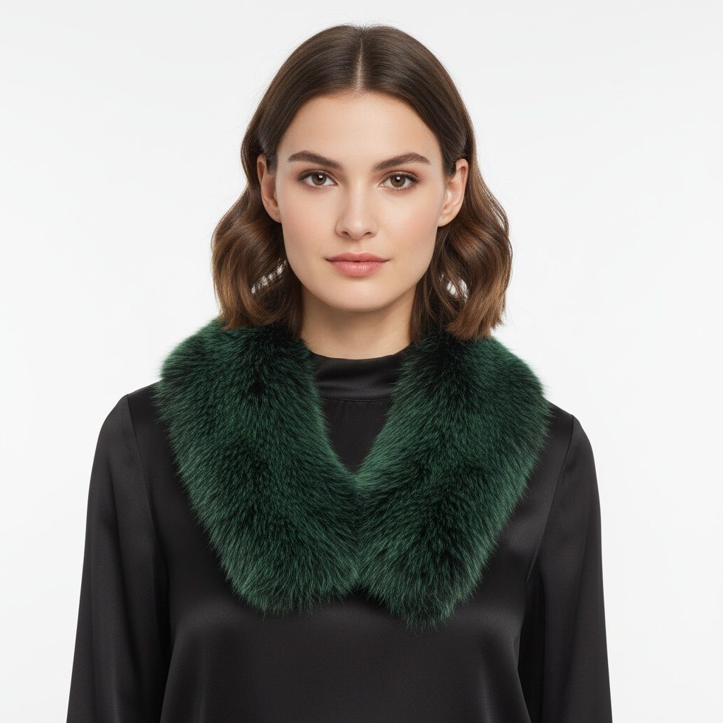 Model wearing an emerald green faux fur collar scarf with overlapping rounded ends over a black blouse against a pale background