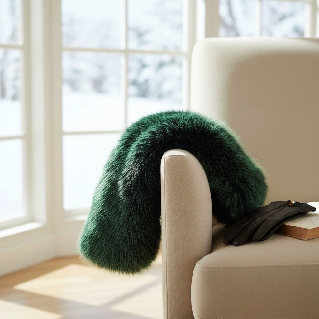 Emerald green faux fur scarf draped over a cream armchair beside black gloves and a book, with snowy scenery visible through the windows