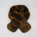 Rust-orange and black faux fur collar scarf arranged with overlapping rounded ends on a pale background, showing its long plush fibers