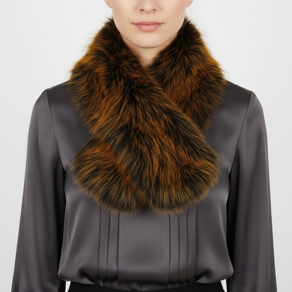 Close-up of a model wearing a rust-orange and black faux fur collar scarf with overlapping rounded ends over a charcoal blouse