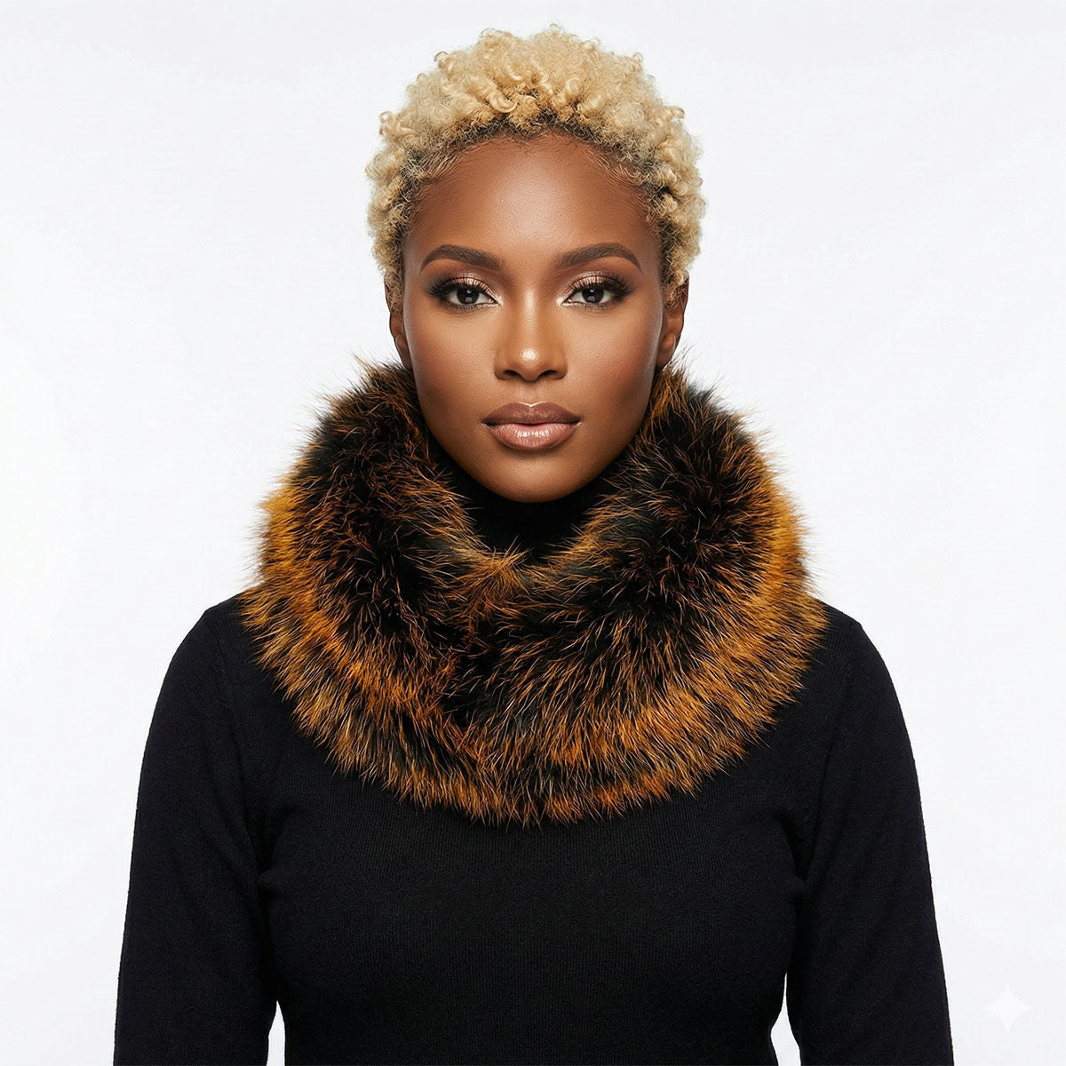 Model with short blonde curls wearing a rust-orange and black faux fur collar scarf over a black sweater against a pale background