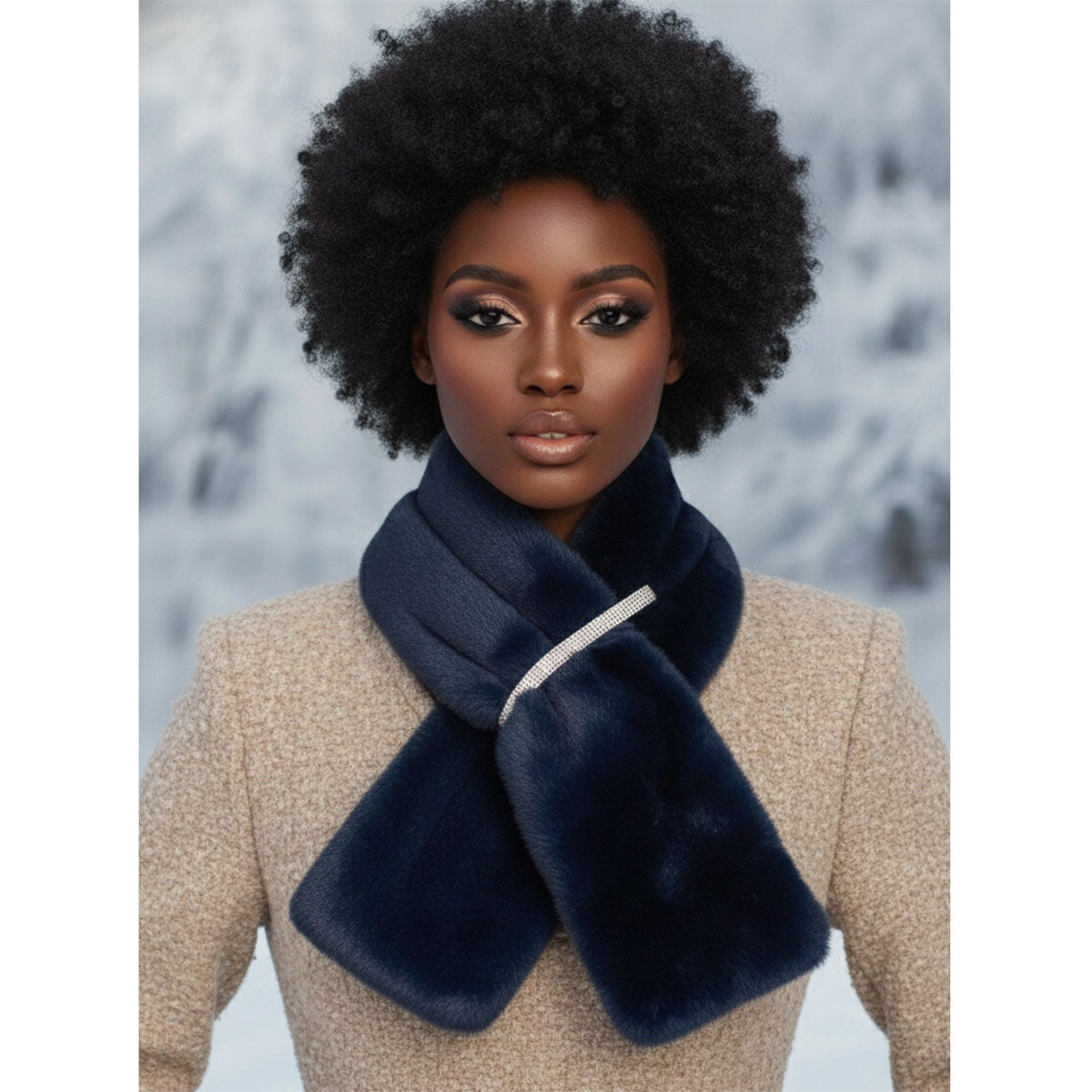 Scarf Luxe Faux Fur Navy Rhinestone Pull Thru
