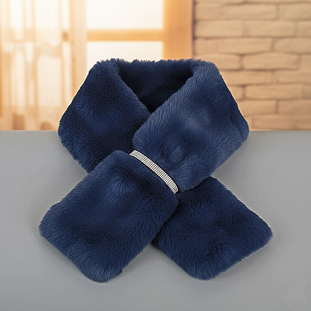 Scarf Luxe Faux Fur Navy Rhinestone Pull Thru