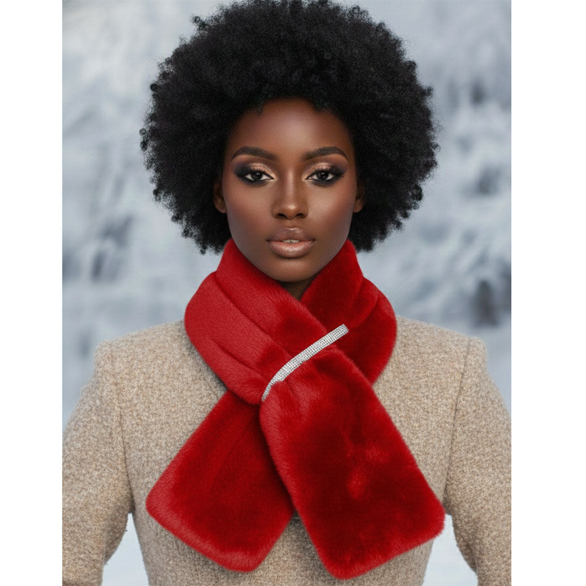 Model with voluminous natural curls wearing a red faux fur pull-through scarf with a rhinestone band over a beige textured top against a blurred pale background