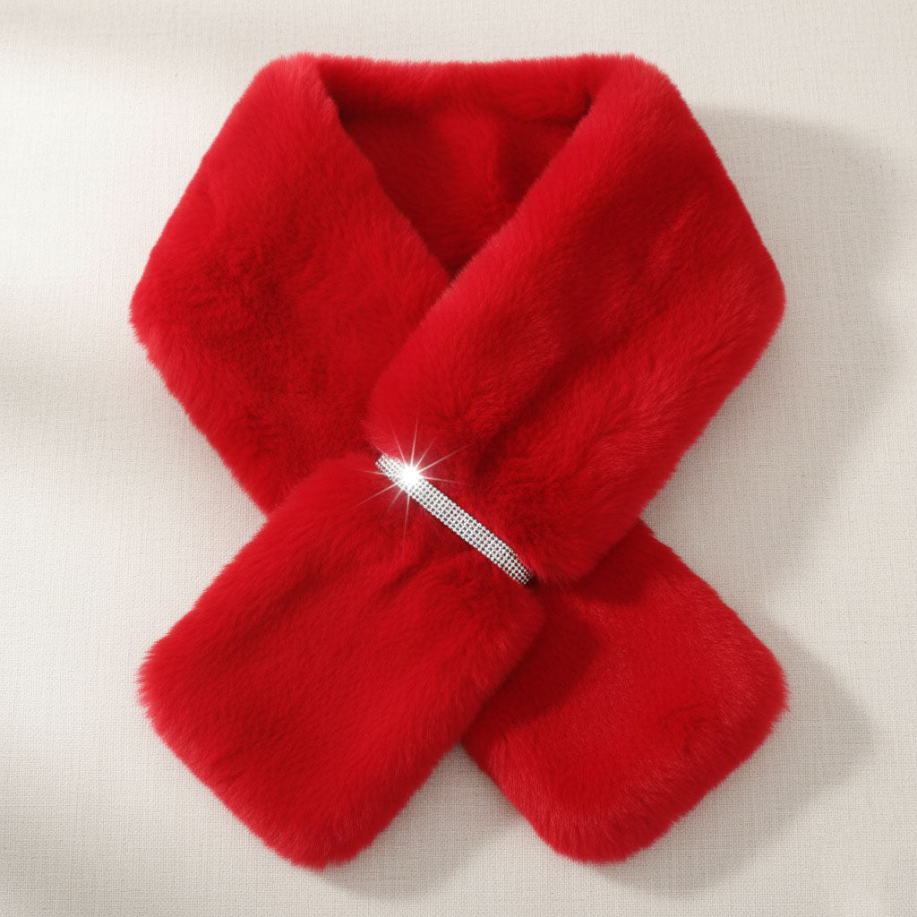 Red faux fur scarf arranged with overlapping rounded ends and a narrow rhinestone pull-through band on a cream background, with a sparkle effect on the band