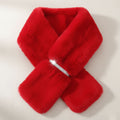 Red faux fur scarf arranged with overlapping rounded ends and a narrow rhinestone pull-through band on a cream background, with a sparkle effect on the band