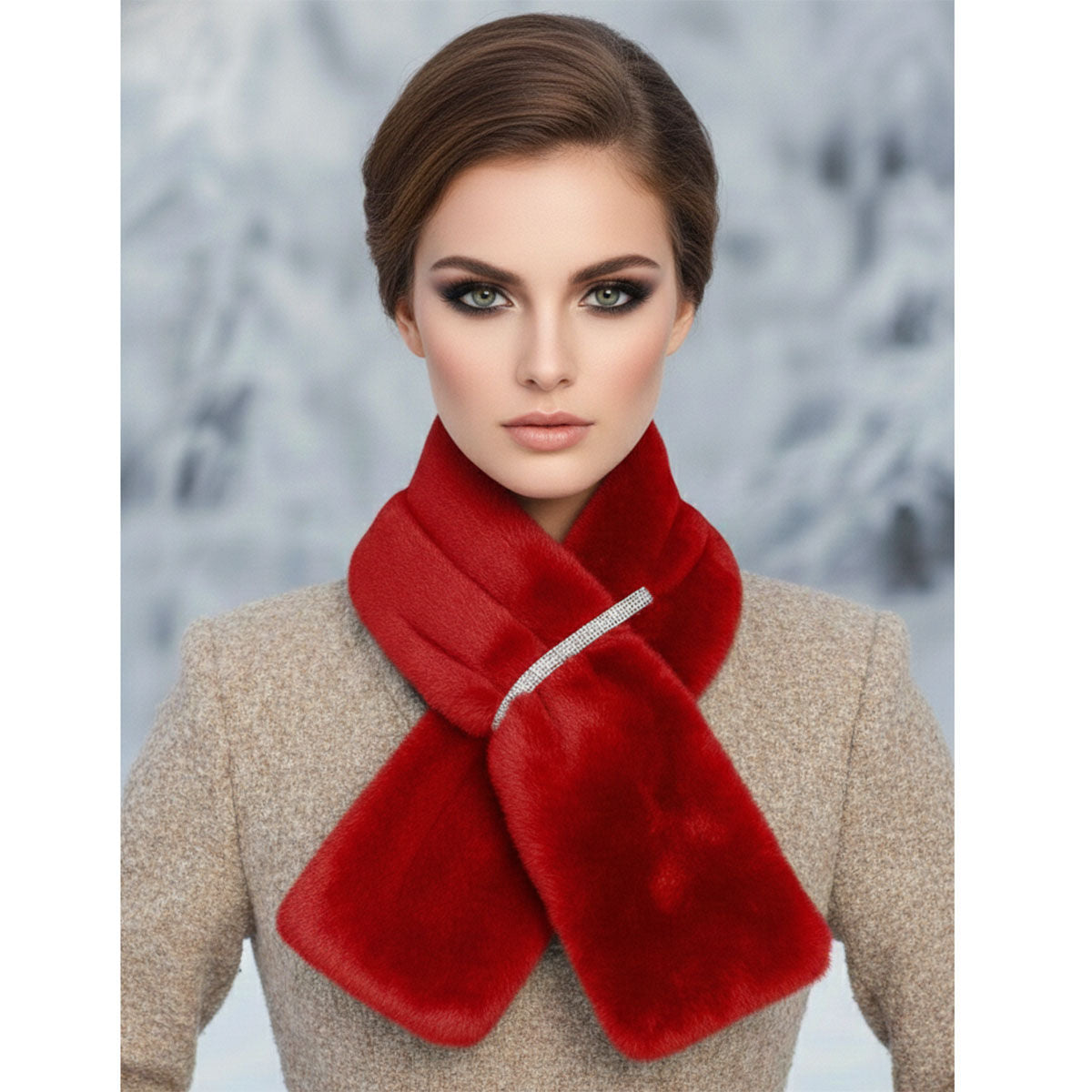 Short-haired model wearing a red faux fur pull-through scarf with a rhinestone band over a beige textured top against a blurred pale background
