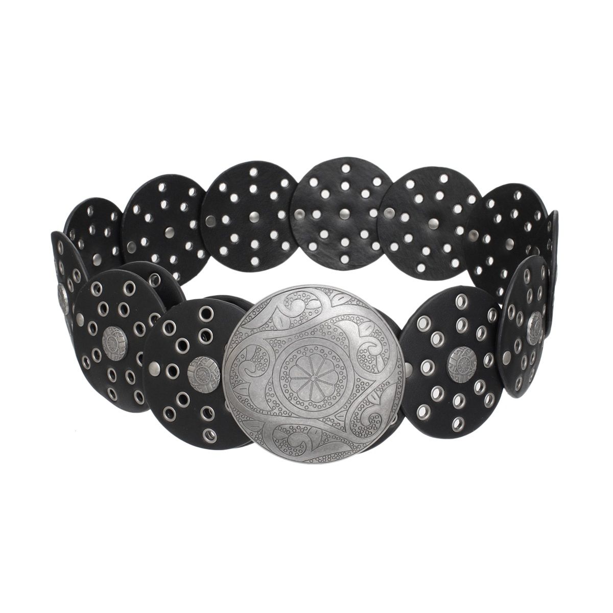 Black vegan faux leather wide western concho belt coiled on white background, overlapping circular disc panels with silver grommet and rivet punch-out details, large engraved distressed silver round concho buckle with floral and paisley etching at center